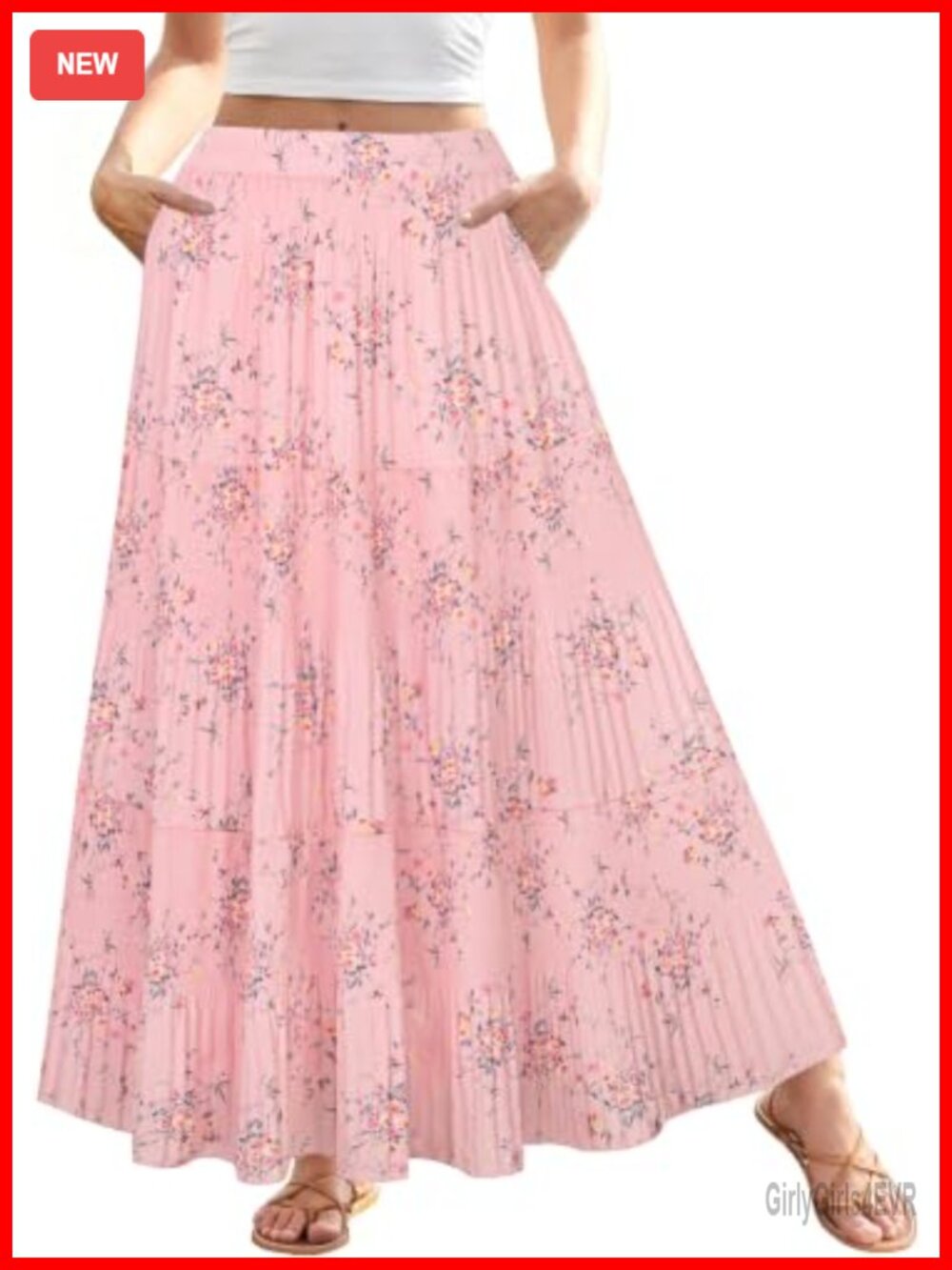 Women's High Waist Pleated Tiered Maxi Skirt with Pockets Flowy A-Line